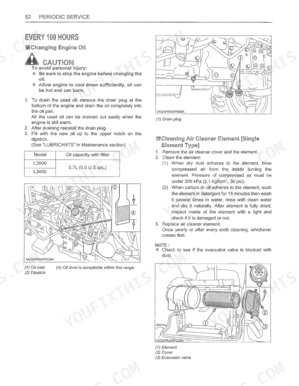 Kubota L2800, L3400, L4400 periodic service manual showing engine oil change and air cleaner element cleaning procedures.