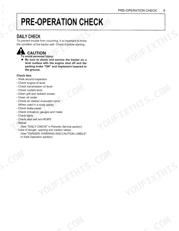 Kubota L2800, L3400, L4400 daily pre-operation check list including engine oil, coolant, and safety inspection items.