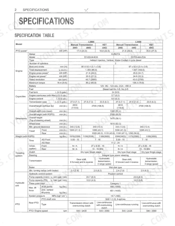 Kubota L2800, L3400 specification table listing engine, dimensions, weight, traveling system, and hydraulic unit data.