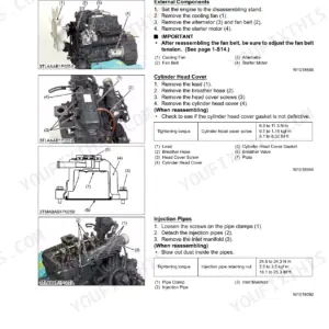 Kubota L2800, L3400 engine disassembly procedures for external components, cylinder head cover, and injection pipes.