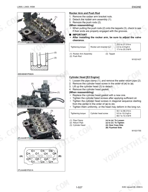 Kubota L2800, L3400 engine service manual: rocker arm, push rod, and cylinder head removal procedures with torque specs.