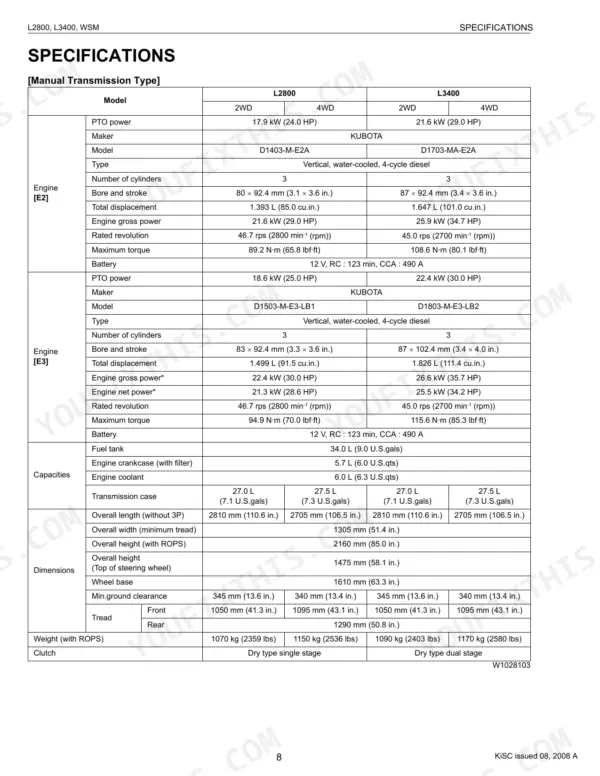 Kubota L2800, L3400 manual transmission specifications table for engine, capacities, dimensions, and weight.