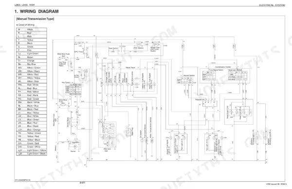 Kubota L2800, L3400 electrical system wiring diagram for manual transmission models showing switches, lights, and fuses.