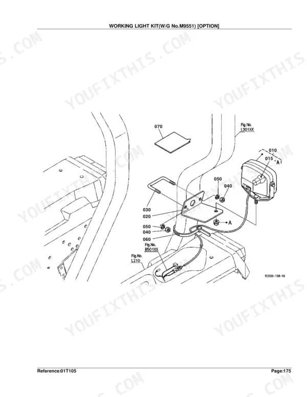 Kubota L2800DT/HST exploded view diagram of the optional working light kit assembly and mounting hardware.