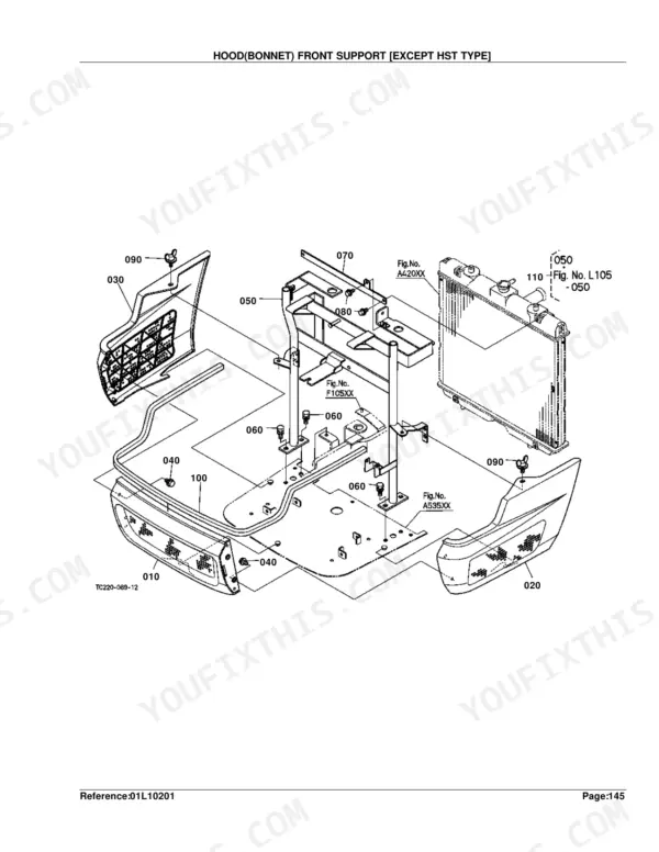 Kubota L2800DT/HST exploded view of hood bonnet front support assembly, including radiator and grille components.