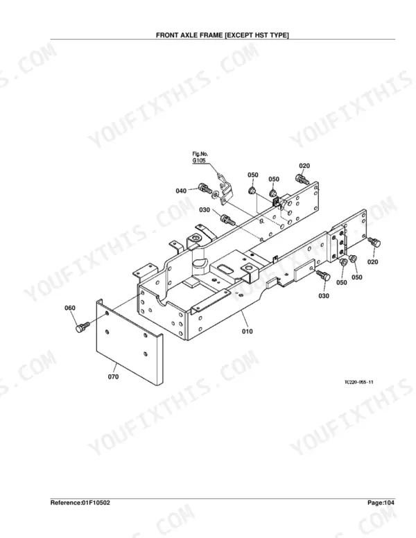 Kubota L2800DT/HST exploded view of the front axle frame assembly for non-HST models, showing frame, bolts, and plate.