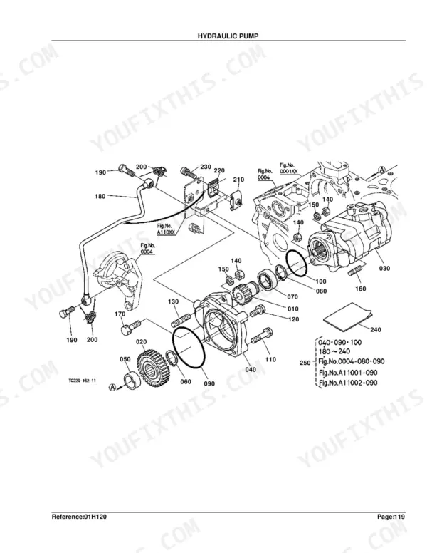 Kubota L2800DT/HST exploded view diagram of the hydraulic pump assembly, showing gears, O-rings, and housing components.