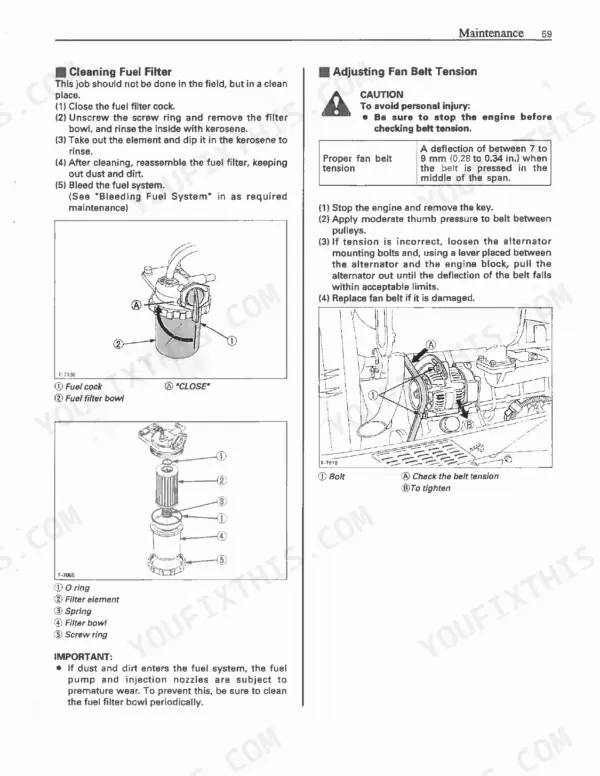 Kubota L2900, L3300, L3600, L4200 maintenance page: fuel filter cleaning and fan belt tension adjustment procedures.