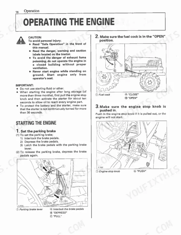 Kubota L2900, L3300, L3600, L4200 engine starting procedures, fuel cock, and engine stop knob operation diagrams.