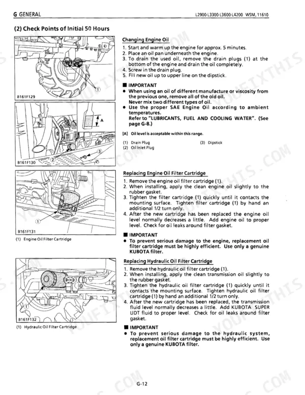 Kubota L2900, L3300, L3600, L4200 service manual procedures for changing engine oil and replacing oil and hydraulic filters.