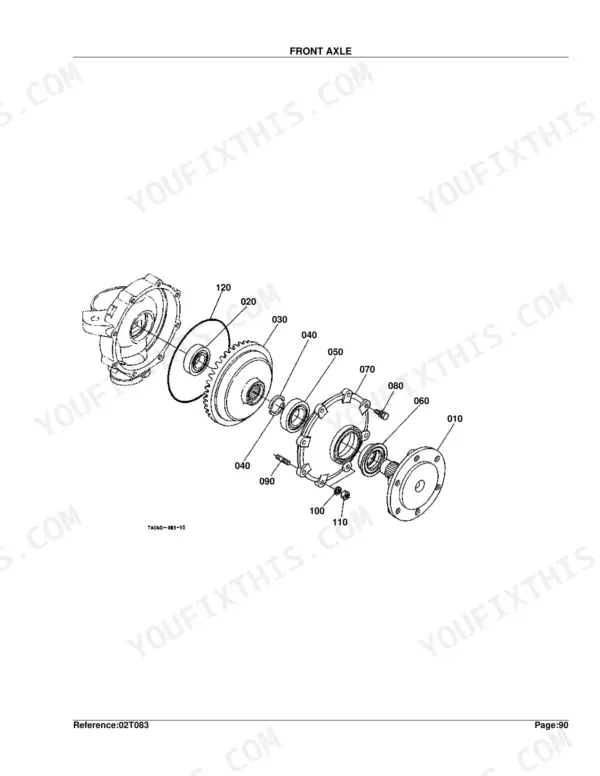 Kubota L2900DT front axle exploded view diagram showing gear, bearing, and hub assembly components with reference numbers.