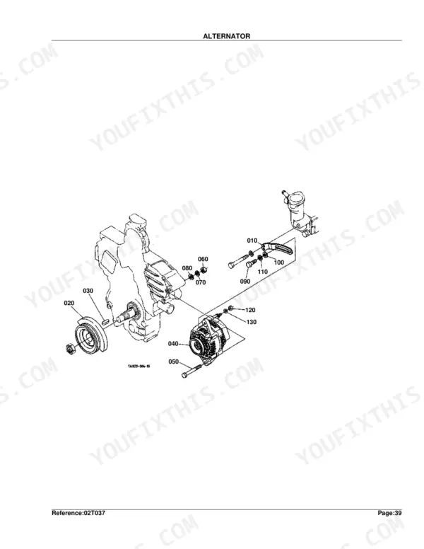 Kubota L2900DT exploded view diagram of the alternator assembly, mounting bracket, and crankshaft pulley components.