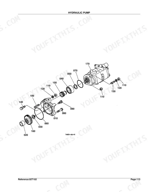 Kubota L2900DT hydraulic pump exploded view diagram showing pump housing, gears, bearings, and O-ring components.