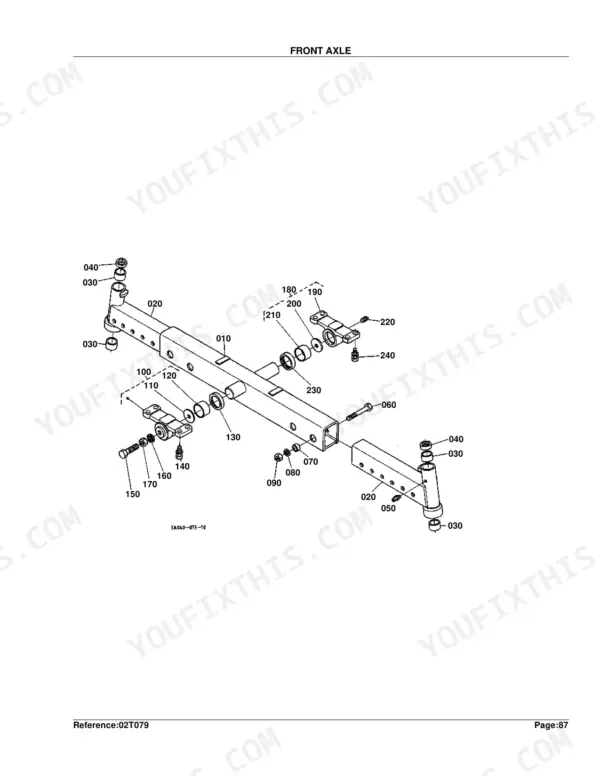 Kubota L2900F exploded view diagram of the front axle assembly, including bushings, bolts, and pivot components.