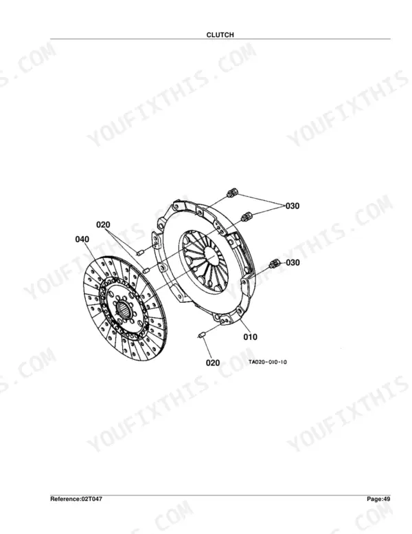Kubota L2900F exploded view diagram of the clutch assembly showing the clutch disc, pressure plate, and mounting bolts.