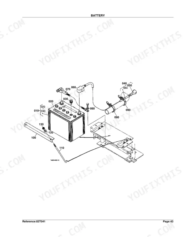 Kubota L2900F exploded view diagram of the battery assembly, including terminals, cables, and mounting bracket components.