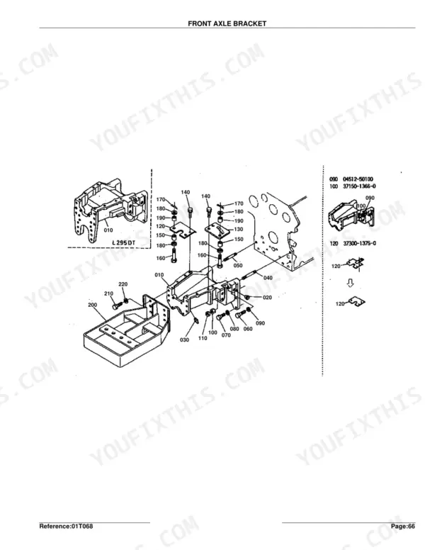 Kubota L295DT exploded view diagram of the front axle bracket assembly with numbered parts and mounting hardware.