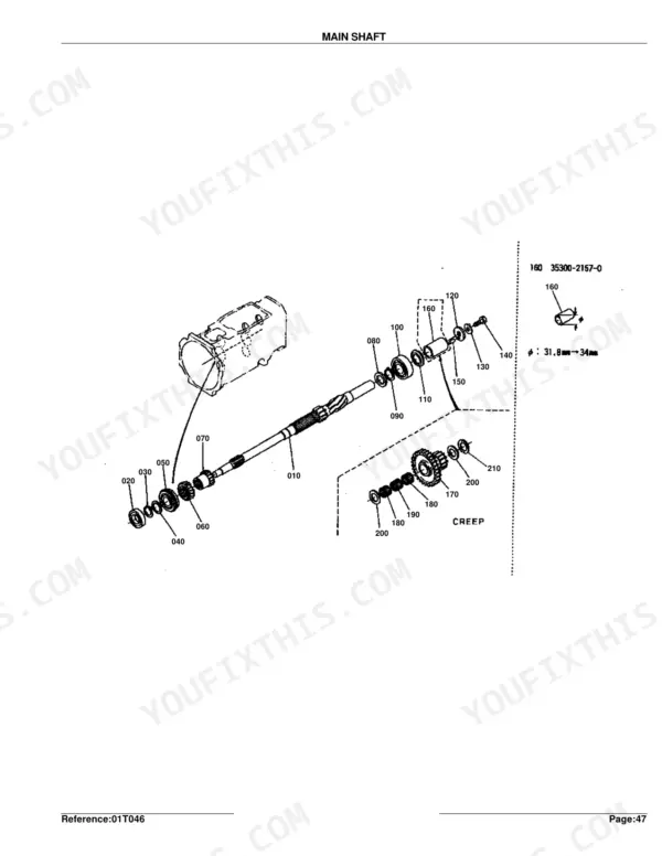 Kubota L295DT exploded view diagram of the transmission main shaft and creep gear assembly components.