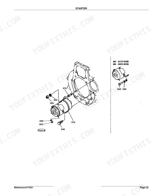Kubota L295DT starter motor exploded view diagram showing mounting hardware, housing, and electrical components.