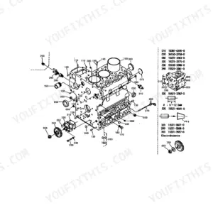 Kubota L295DT crankcase exploded view diagram showing engine block, oil pump, and associated parts list components.