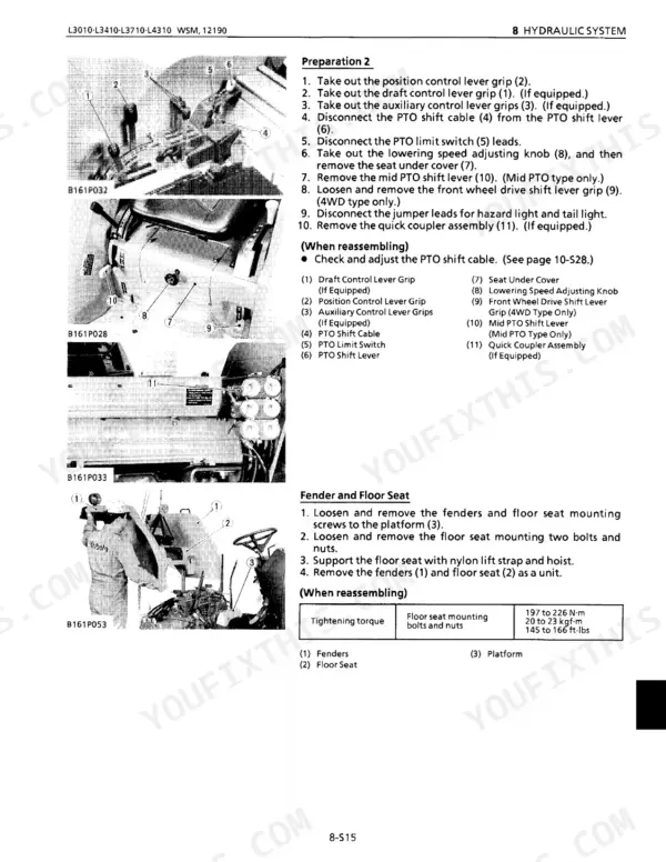 Kubota L3010, L3410, L3710, L4310, L4610 hydraulic system removal procedures for control levers, seat cover, and fenders.