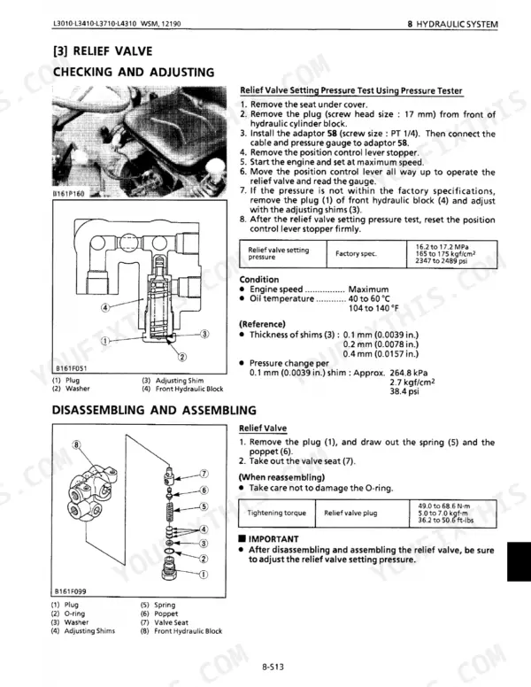 Kubota L3010, L3410, L3710, L4310, L4610 hydraulic relief valve pressure testing, adjustment, and assembly procedures.