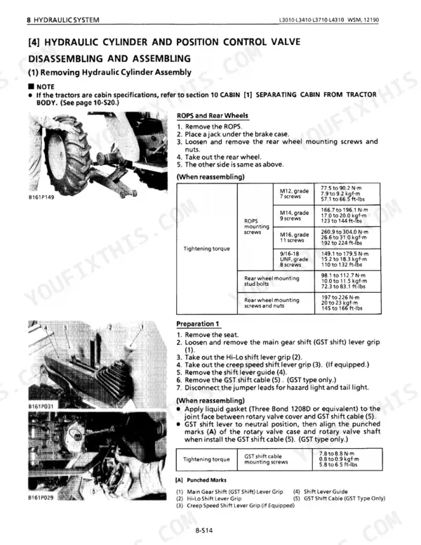 Kubota L3010, L3410, L3710, L4310, L4610 hydraulic cylinder and position control valve removal and torque specs.