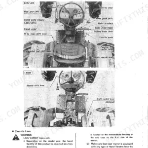 Kubota L305, L305DT, L345, L345DT, L355SS operator controls diagram showing gear shifts, pedals, and throttle lever locations.