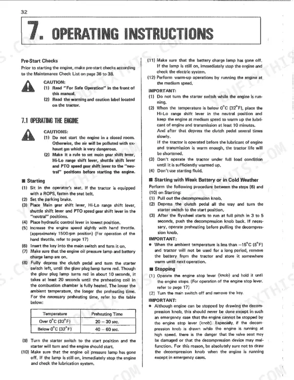 Kubota L305, L305DT, L345, L345DT, L355SS operating instructions, engine starting, cold weather, and stopping procedures.