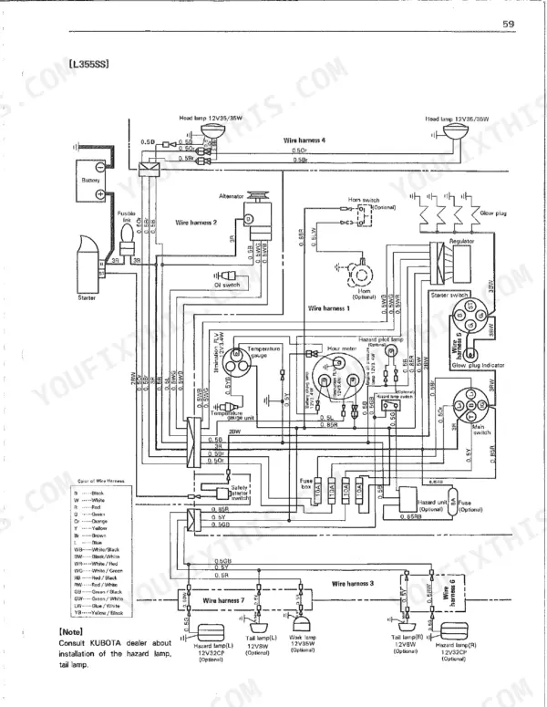 Kubota L305, L305DT, L345, L345DT, L355SS electrical wiring diagram showing battery, starter, lamps, and gauges.