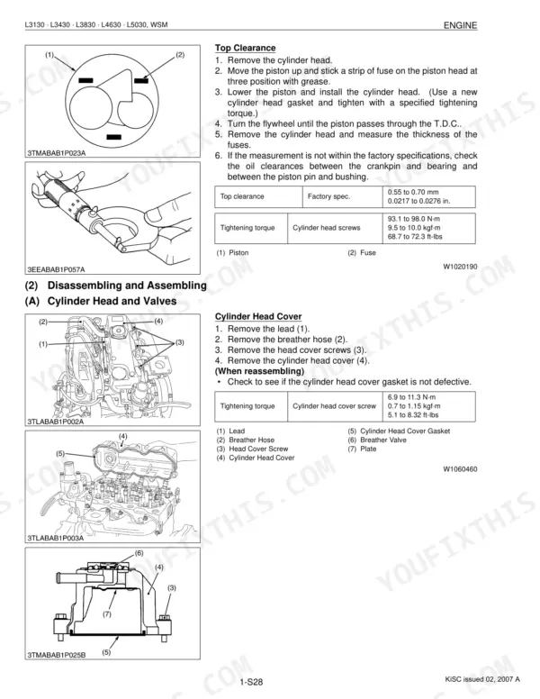 Kubota L3130, L3430, L3830, L4630, L5030 engine manual: top clearance procedure, cylinder head torque, and valve cover removal.