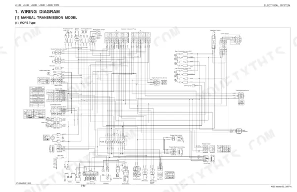 Kubota L3130, L3430, L3830, L4630, L5030 manual transmission ROPS wiring diagram for electrical system components.