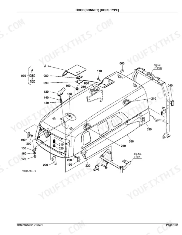 Kubota L3130DT, L3130GST, L3130HST exploded view diagram of the ROPS type hood and bonnet assembly components.
