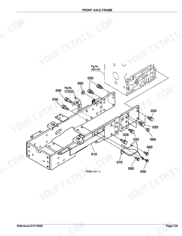 Kubota L3130DT, L3130GST, L3130HST exploded view diagram of the front axle frame and mounting hardware components.