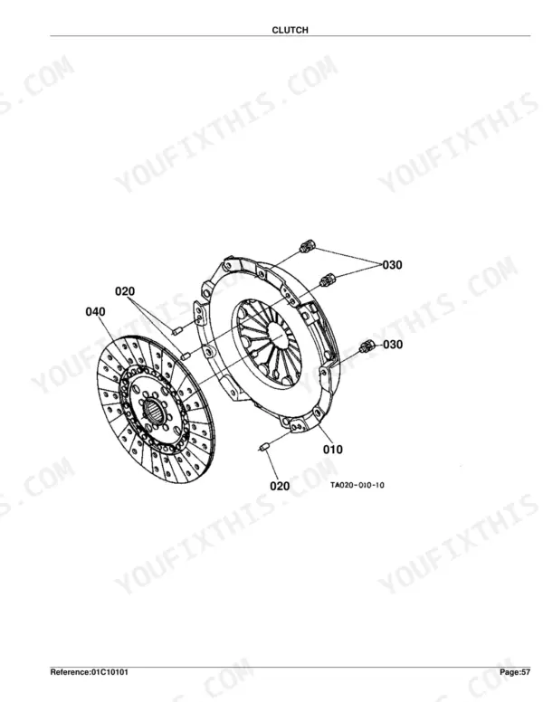Kubota L3130DT, L3130GST, L3130HST exploded view diagram of the clutch assembly showing pressure plate and disc.