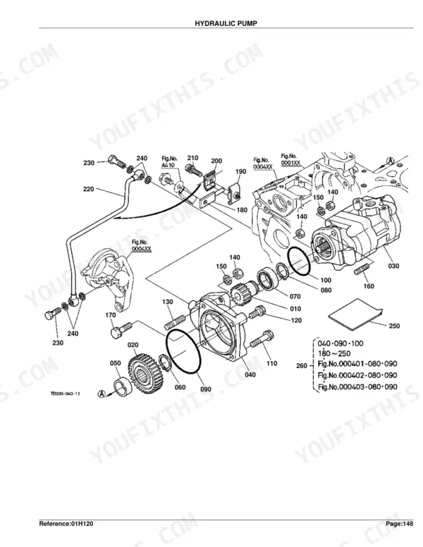 Kubota L3130DT, L3130GST, L3130HST hydraulic pump exploded view diagram showing gears, O-rings, and mounting hardware.