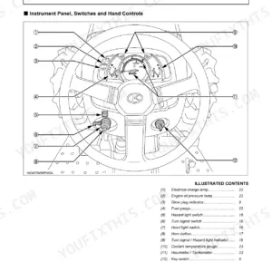 Kubota L3200, L3800 instrument panel and controls diagram identifying gauges, switches, and indicator lamps.