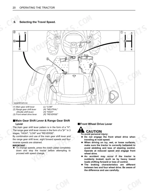 Kubota L3200, L3800 operator manual diagram showing main gear shift, range gear shift, and front wheel drive lever patterns.