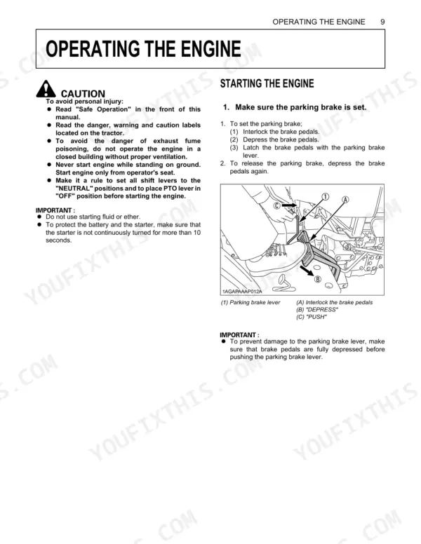 Kubota L3200, L3800 engine starting procedure and parking brake operation diagram with safety cautions.