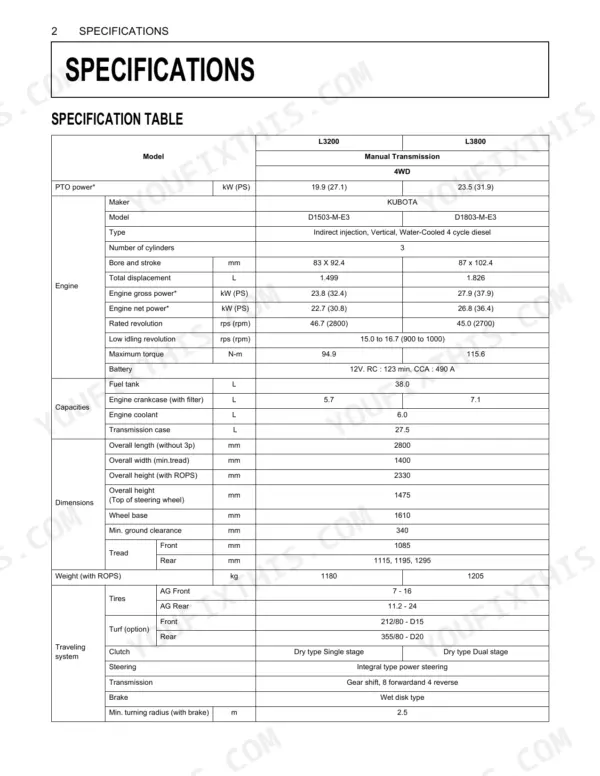 Kubota L3200, L3800 specification table listing engine, capacity, dimensions, weight, and traveling system data.