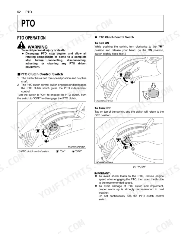 Kubota L3240-3, L3540-3, L3940-3, L4240-3, L4740-3, L5040-3, L5240-3, L5740-3 PTO clutch control switch operation instructions.