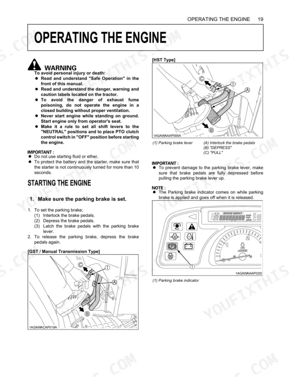 Kubota L3240-3 to L5740-3 engine starting procedures, parking brake operation diagrams, and dashboard indicator guide.