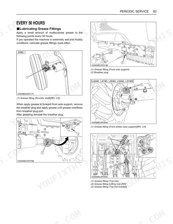 Kubota L3240-3, L3540-3, L3940-3, L4240-3, L4740-3, L5040-3, L5240-3, L5740-3 50-hour grease fitting lubrication diagrams.