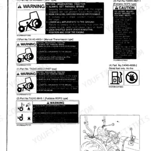 Kubota L3240, L3540, L3940, L4240, L4740, L5040, L5240, L5740 safety operation decals for ROPS, parking, and fuel procedures.