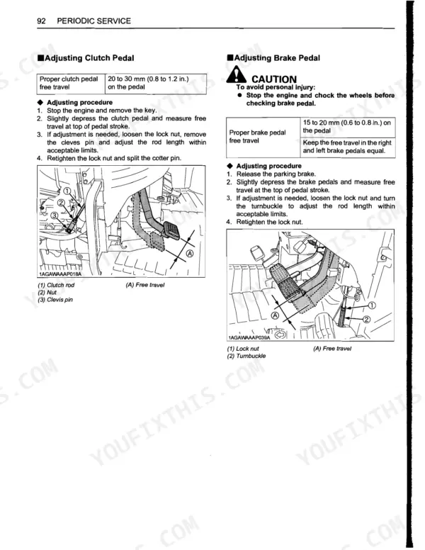 Kubota L3240, L3540, L3940, L4240, L4740, L5040, L5240, L5740 service manual page for adjusting clutch and brake pedal free travel.