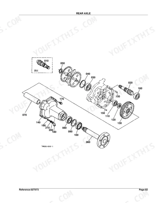 Kubota L3300DT-GST rear axle exploded view showing axle shaft, gears, bearings, and housing components.