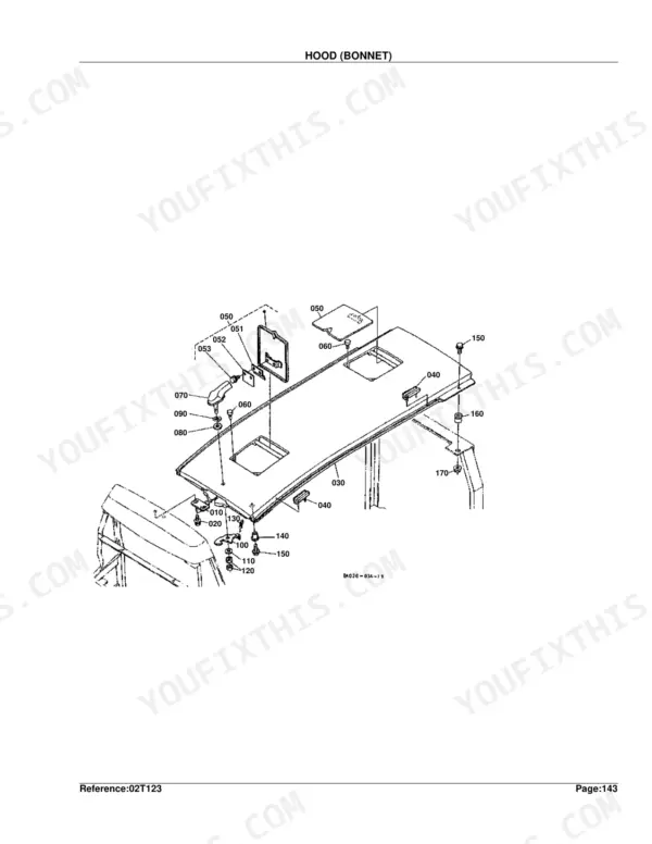 Kubota L3300DT-GST exploded view diagram of the hood and bonnet assembly components with reference numbers.