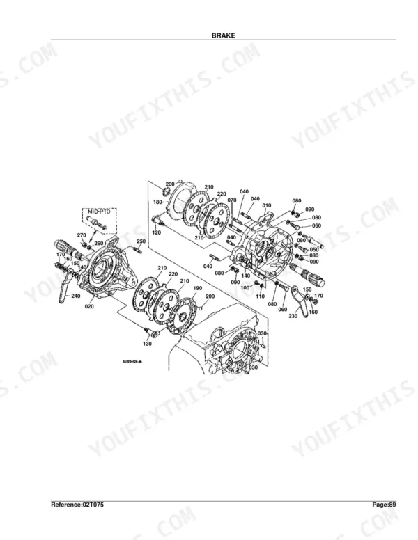 Kubota L3300DT-GST exploded view diagram of brake system components including brake discs, plates, and Mid-PTO assembly.