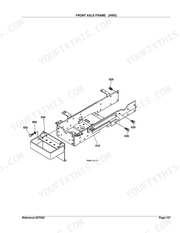 Kubota L3300DT-GST exploded view diagram of the 4WD front axle frame and mounting hardware components.