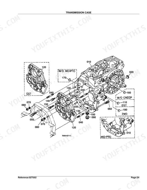 Kubota L3300DT-GST exploded view diagram of the transmission case assembly with GST, mid-PTO, and creep speed options.